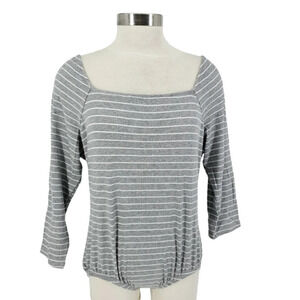 NY Collection Bodysuit Gray Striped 3/4 Sleeve Rib Knit One Piece Shirt Top